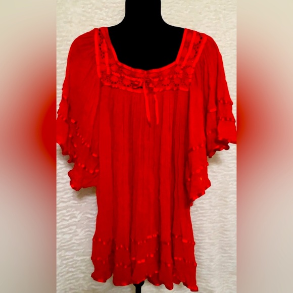 Puebla Mexican burnt Orange Blouse w/ribbon trim. Beautiful for any fiesta. - Picture 1 of 2